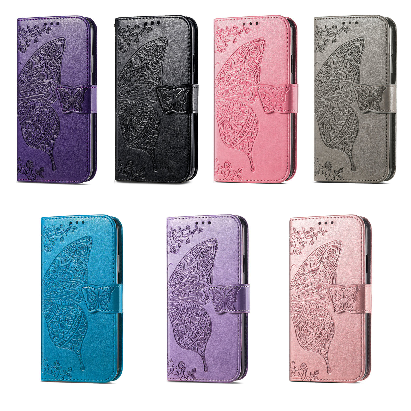 Leather Folio Wallet Case - Butterfly Embossed Leather Wallet Flip Case