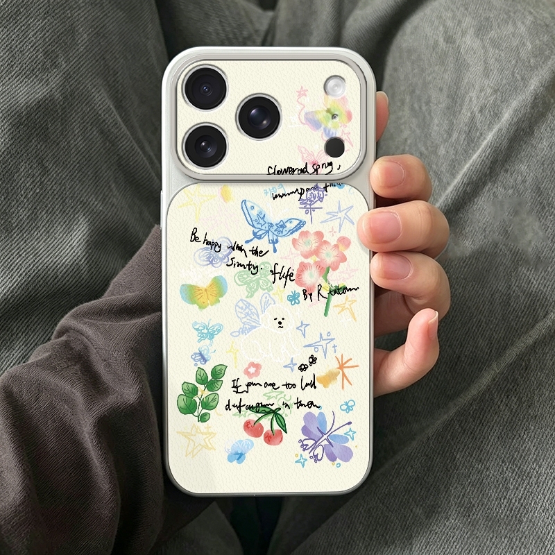 Phone Cases Leather - Crayon Doodle Butterfly Floral Phone Cover